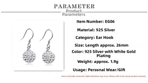 Detailed view of 925 sterling silver ball earrings with full diamond pavé and size specs