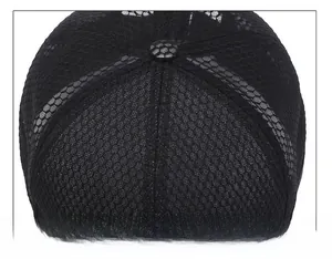 Detail of the high-quality suture technique on the breathable mesh crown of a black baseball cap