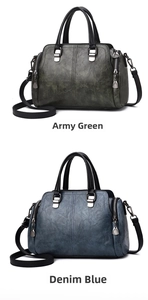 Detail view of large soft leather handbags in military green and denim blue finishes