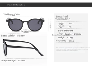 Detailed size chart of round black sunglasses with frame and lens dimensions shown