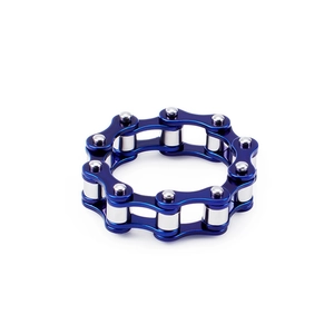 Industrial blue and silver stainless steel chain spinner ring shown at a 45-degree angle