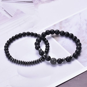 Frosted black stone couple bracelets with micro-set zircon ball and metal spacer beads