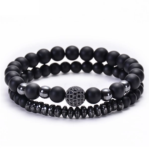 Natural Matte Stone Beaded Bracelets For Couples Copper Micro Pave Black Zircon Hematite Elastic Minimalist Jewelry