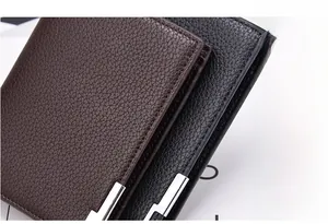 Detailed view of men's bifold wallets in black and brown litchi pattern leather