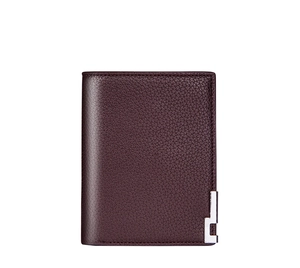 Close-up of deep wine red litchi grain leather wallet with silver metal L-corner detail