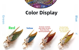 Detail showing four colored cicada brooches with enamel texture, pearls and rhinestones