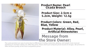 Detail view of a handmade cicada brooch featuring green enamel, pearls, and crystals
