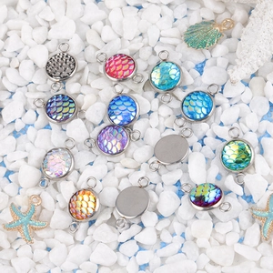 Colorful 10mm mermaid scale double-ear connectors for DIY jewelry making with metal base