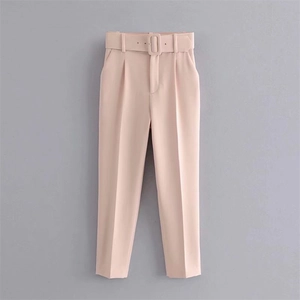 Pantalón de cintura alta rosa palo para mujer con cinturón de hebilla cuadrada a juego