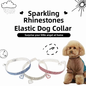 Elastic rhinestone pet necklace with heart pendant in blue, silver, and rose red colors