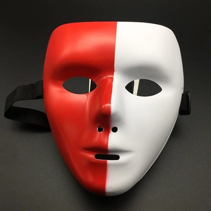 Detail view of red and white two-tone full face mask with black elastic strap
