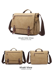 Three-way view of khaki canvas business briefcase with brown straps and dual buckle closure