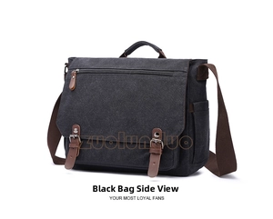 Detail view of black canvas briefcase with brown leather accents and side pocket