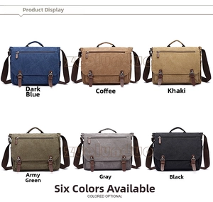 Business canvas messenger bags displayed in six classic colors with leather buckles
