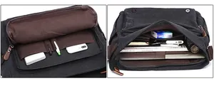 Detailed interior of a canvas briefcase showing multiple pockets for pens and electronics