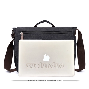 Canvas briefcase size comparison with laptop showing large capacity and crossbody strap