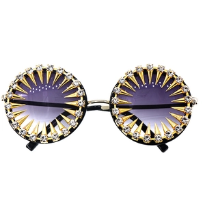 Retro round party sunglasses with purple gradient lenses and gold studded rhinestone spikes