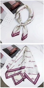 Detail of elegant maroon and beige square silk scarf with De francoise floral printing