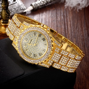Luxury gold iced-out men's quartz watch with sparkling rhinestones and Roman numerals