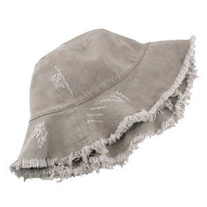 Retro cotton bucket hat with frayed edges and distressed details for sun protection