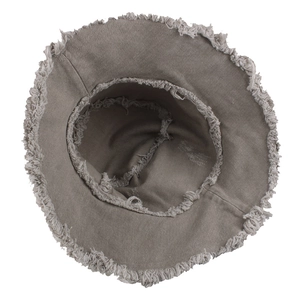 Taupe cotton bucket hat with frayed edges and distressed design for sun protection