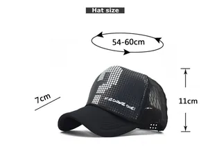 Size chart showing baseball cap dimensions with 54-60cm circumference and 7cm brim length