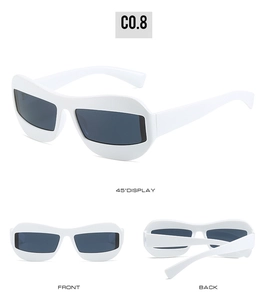 Detailed views of white cat-eye sunglasses with dark lenses from front and back angles