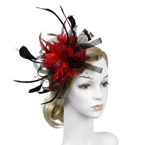 Elegant red mesh floral hairpiece with black feathers and beads for wedding fascinators