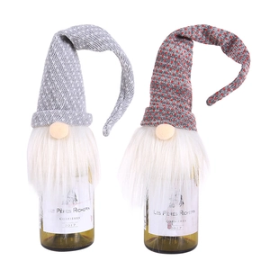 Nordic gnome Christmas wine bottle covers with knitted hats and white faux fur beards
