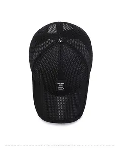 Top view of a black mesh baseball cap featuring a white branded patch and breathable fabric