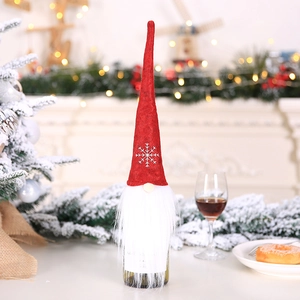 Nordic Christmas gnome wine bottle cover with red snowflake hat and white plush beard decor