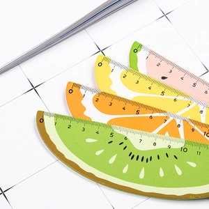 Set of 4 cute wooden fruit shaped rulers featuring lemon, kiwi, orange and dragon fruit