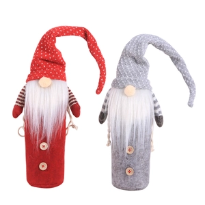 Christmas gnome wine bottle covers set with red and grey knitted hats and white beards