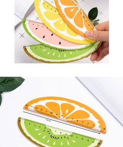 Detailed view of creative fruit-shaped 15cm wooden rulers featuring watermelon and citrus