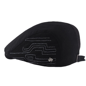 Black cotton linen flat cap with white embroidery stitching and metal logo detail