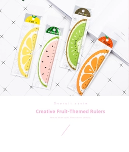 Detail showing set of four 15cm fruit shaped rulers with lemon watermelon kiwi patterns