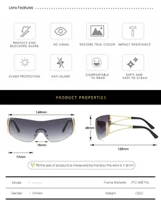 Detailed size chart and specifications for rimless futuristic rhinestone sports sunglasses