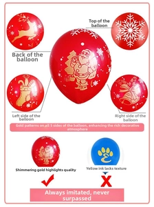 Detail of red Christmas latex balloon with five-sided gold and white festive printing