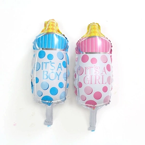 Blue and pink baby bottle foil balloons with It's a Boy and It's a Girl printed text
