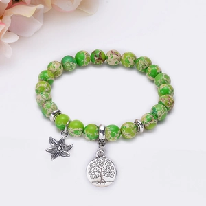 Natural green emperor stone beaded bracelet with silver life tree and flower pendants