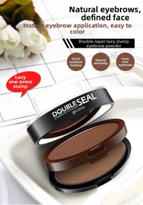 Detailed close-up of dual-color stamp eyebrow powder with clear lid in soft setting