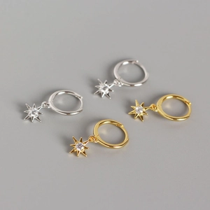 Orecchini a Bottone in Argento Sterling 925 a Forma di Stella Ottagonale Donna Zirconia Stella Polare Geometrica Gioielli di Moda