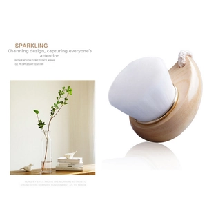 Detailed view of manual facial cleansing brush with curved beech wood handle and soft bristles