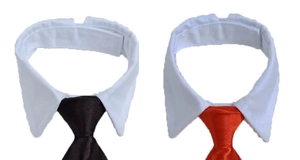 Detail view of pet tuxedo collars with satin neckties and adjustable velcro straps