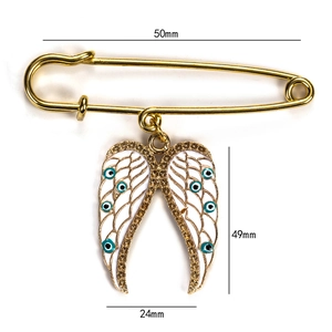 Detailed size map of angel wing brooch with blue evil eye and rhinestone inlay