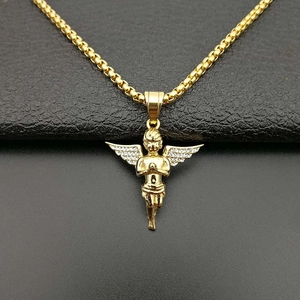 Gold plated angel cupid pendant with sparkling crystals on a box chain for men and women
