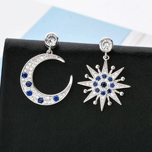 Korean style silver star and moon earrings with blue and white cubic zirconia accents
