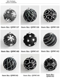 Detailed grid of black Christmas balls with matte and glitter snowflake patterns
