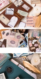 Vue macro d'autocollants rétro avec étiquettes, timbres et enveloppes pour journalisme