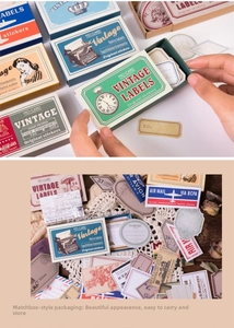 Vue macro d'autocollants rétro en boîte d'allumettes avec machine à écrire vintage
